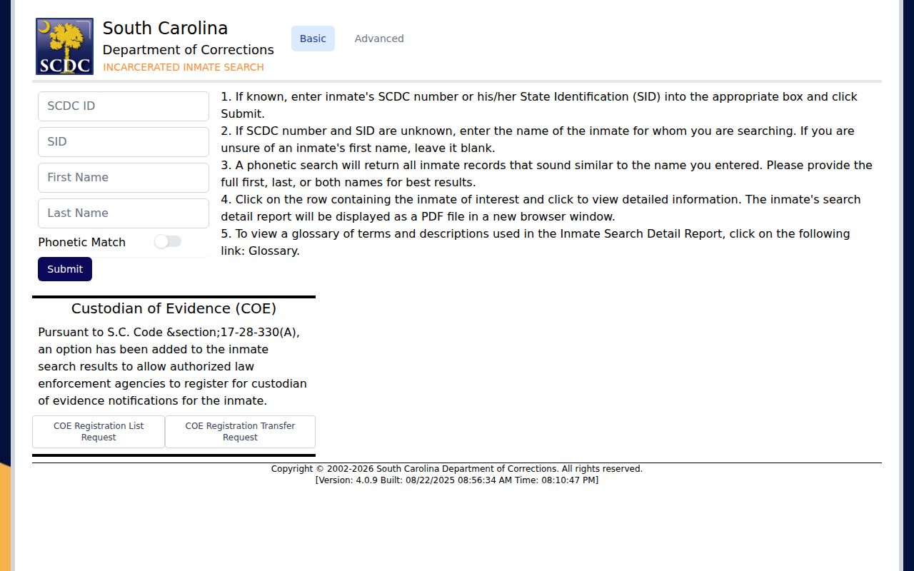 SCDC current inmate search with projected release date fields