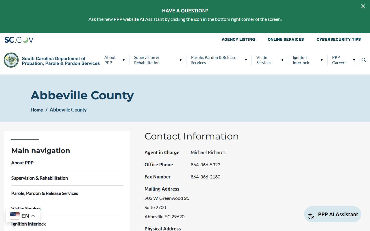 Abbeville County parole and probation local office record