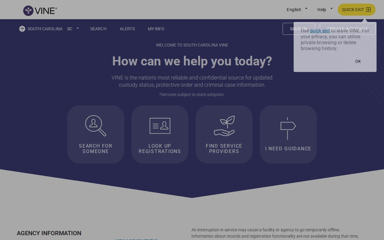 South Carolina VINELink inmate search and release notification screen